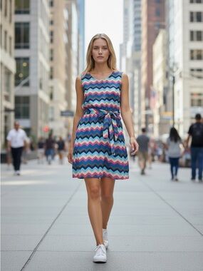 Sleeveless Chevron Tie-Waist Dress in Blue and Pink